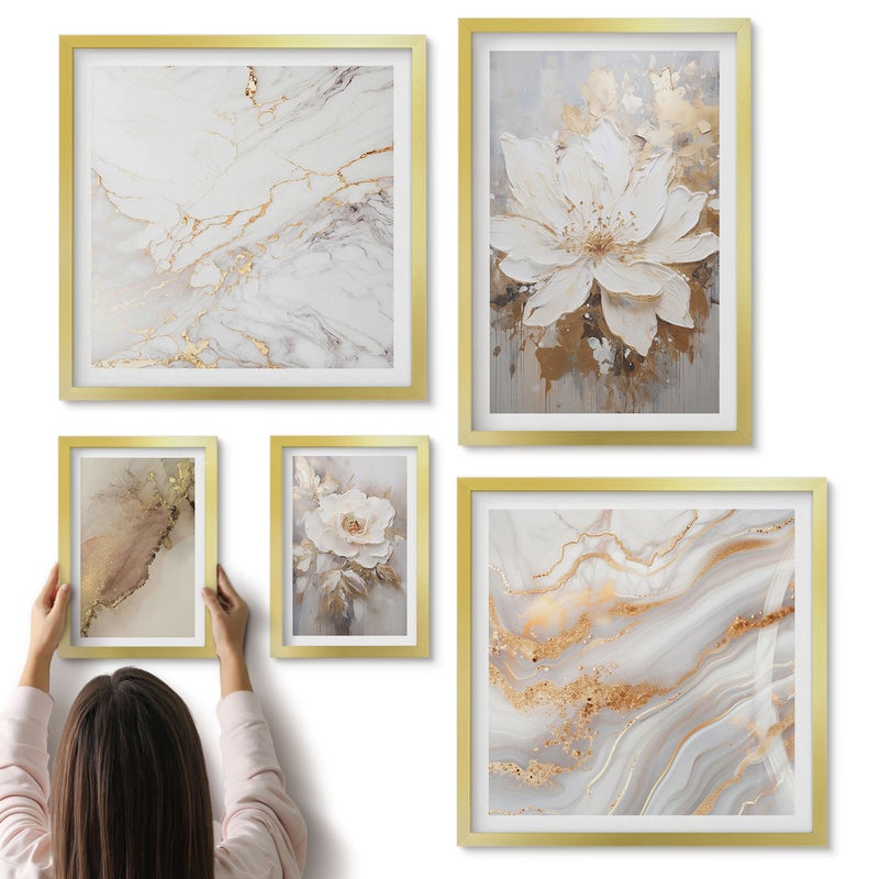 Galeria ścienna 5-częściowy komplet obrazów w złotych ramach - Kwiatowe kompozycje w eleganckim stylu nowoczesnym - ArtPrintCave