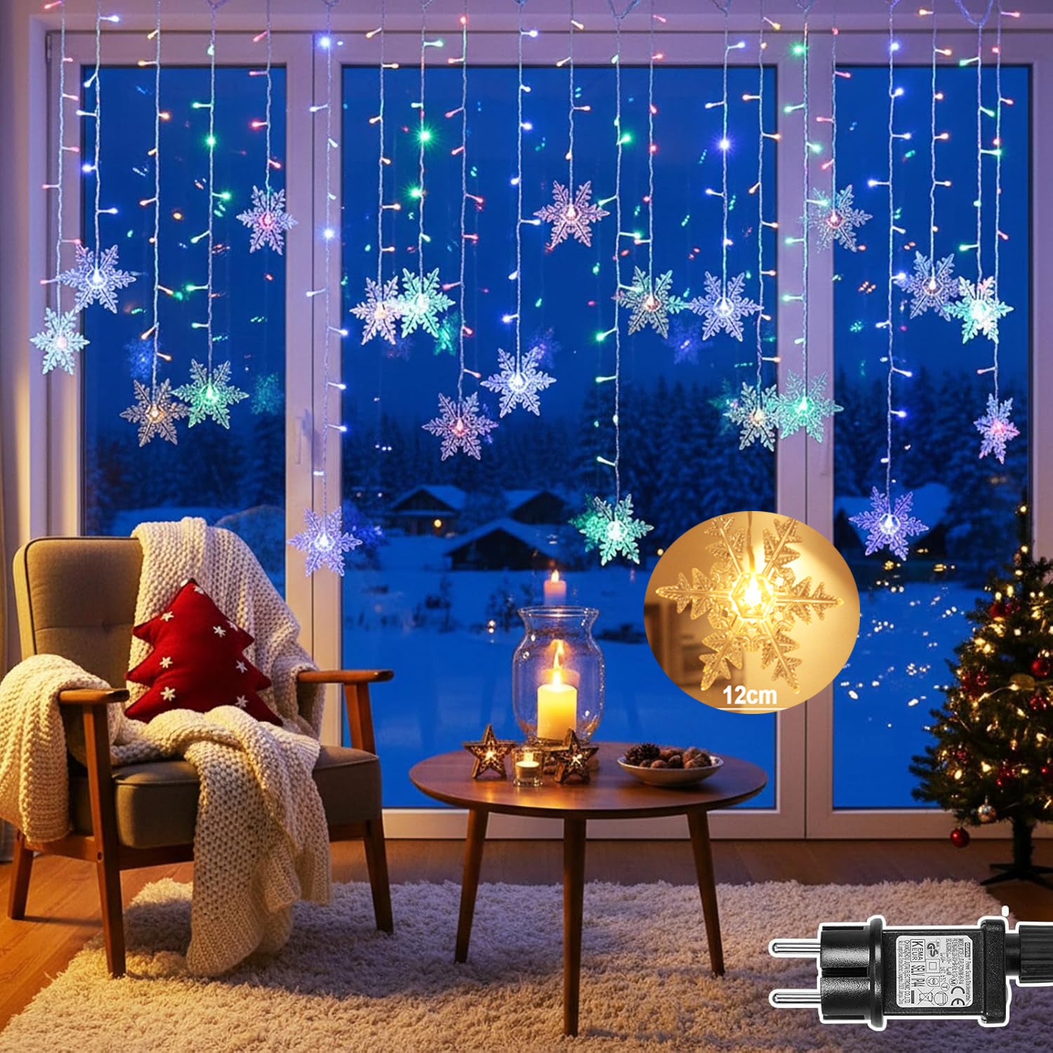 Kurtyna świetlna z płatkami śniegu, 1,8 m, 94 diody LED, łańcuch świetlny z timerem, 8 trybów świecenia i funkcją pamięci –Różnokolorowy
