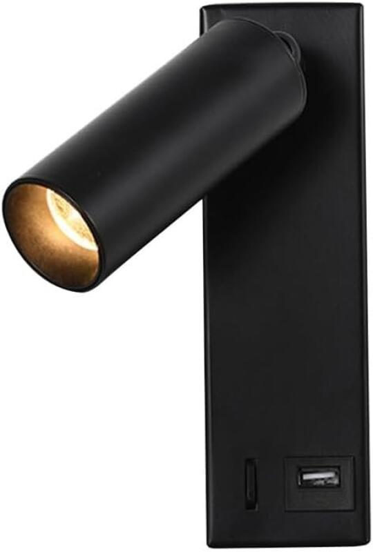 Regulowana lampa ścienna z portem ładowania USB - dioda LED 3W, ciepłe światło z przełącznikiem, odpowiednia do sypialni i salonów (czarna).