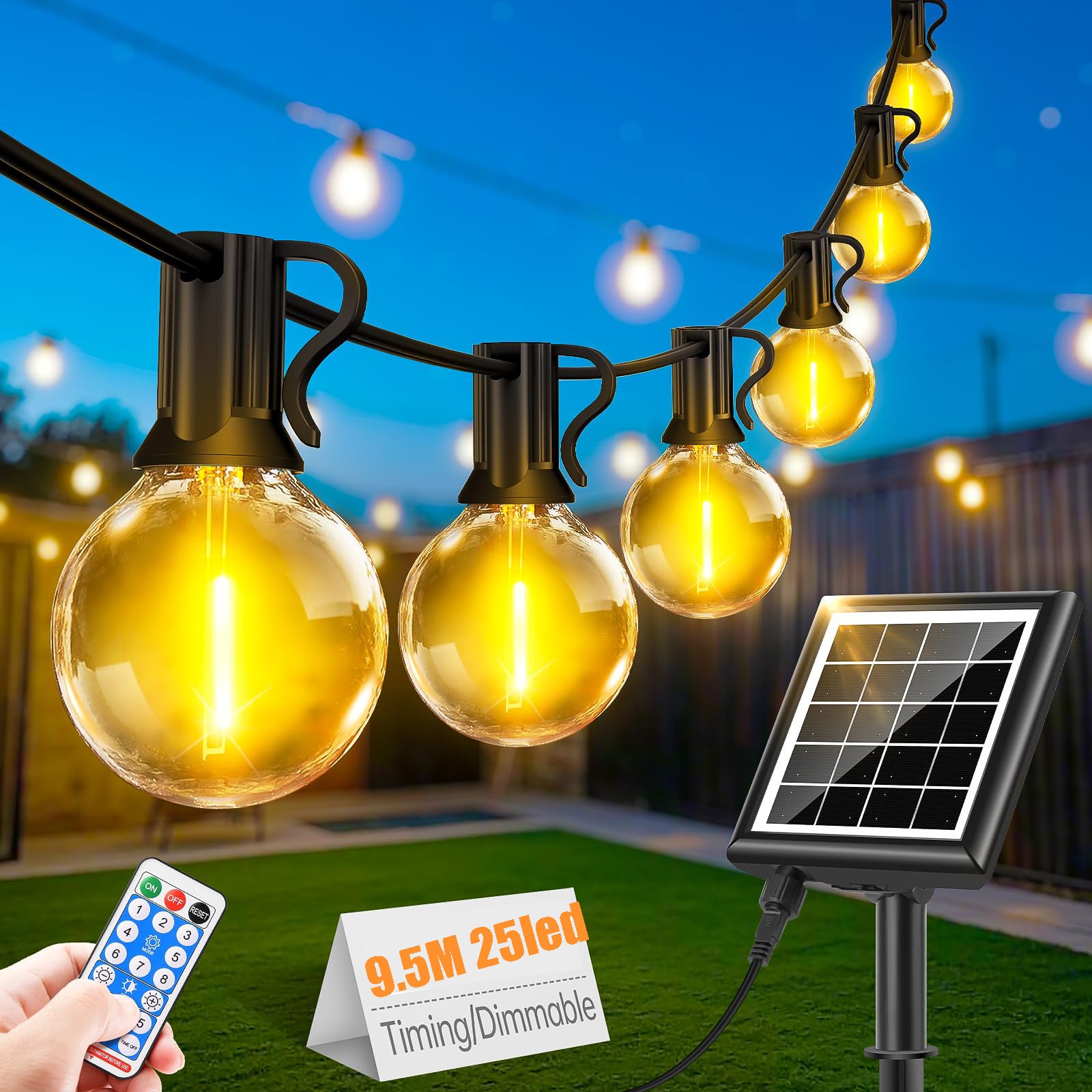 Zewnętrzna girlanda świetlna LED, 9,5 m, solarna G40, 8 trybów, wodoodporna IP65, ciepłe białe światło, idealna do ogrodu, na podwórko i do altany