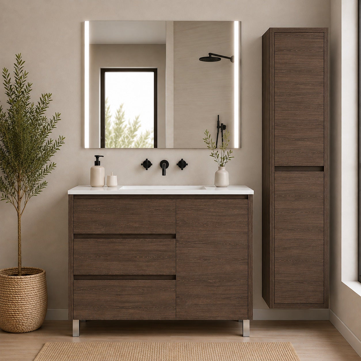 Szafka łazienkowa z 3 szufladami, drzwiami i umywalką ORIGENBATH VOLUM bez lustra 120x45 cm 1 umywalka jesion tea z kolumną