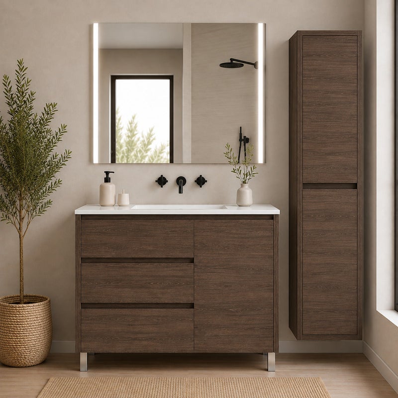 Szafka łazienkowa z 3 szufladami, drzwiami i umywalką ORIGENBATH VOLUM bez lustra 120x45 cm 1 umywalka jesion tea z kolumną
