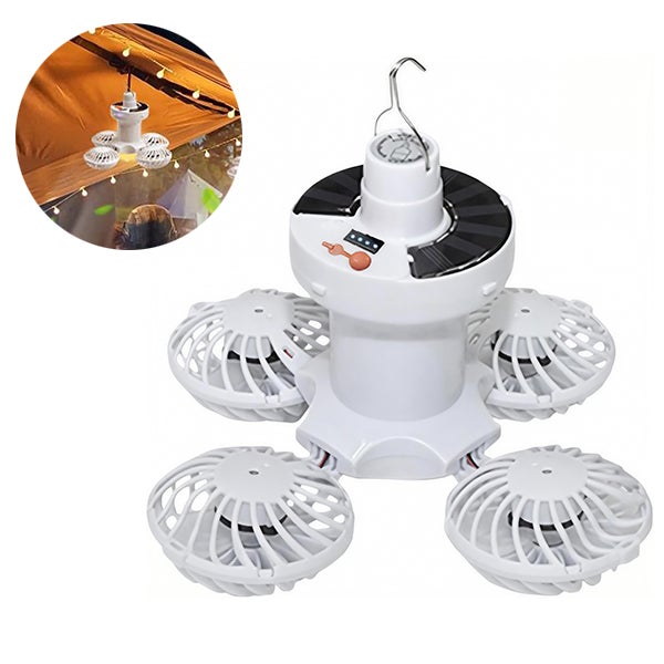 Mini wentylator sufitowy solarny zewnętrzny - Białe światło, lampa solarna, składany haczyk, lampa kempingowa, 3 prędkości wiatru - 14 x 15 cm