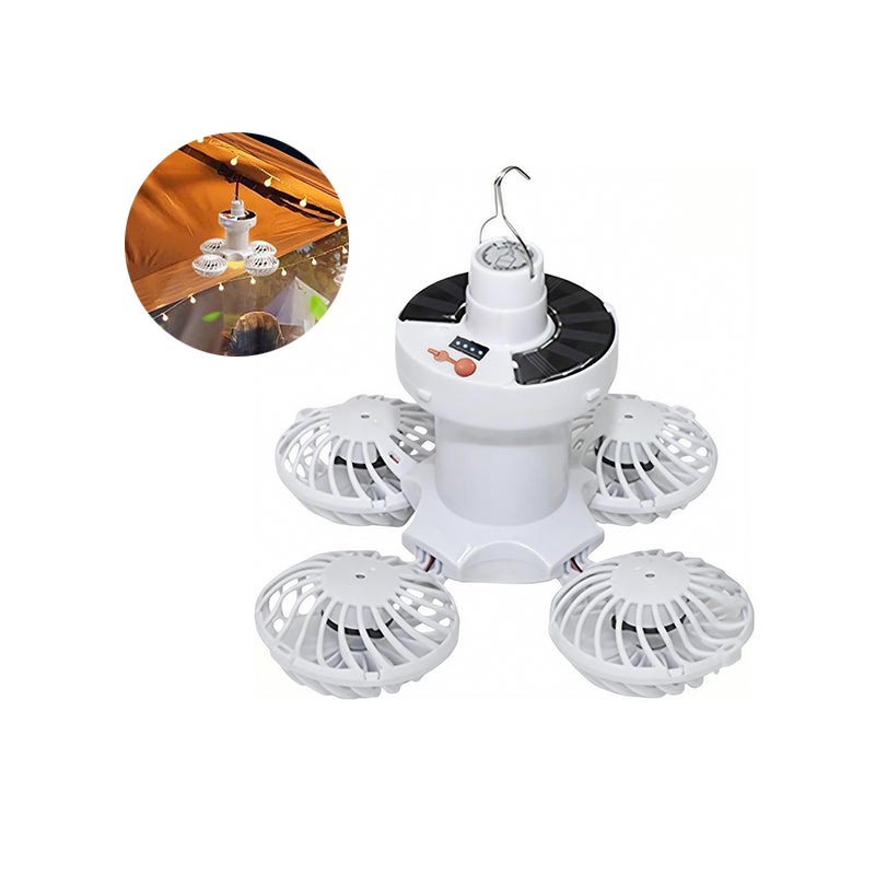 Mini wentylator sufitowy solarny zewnętrzny - Białe światło, lampa solarna, składany haczyk, lampa kempingowa, 3 prędkości wiatru - 14 x 15 cm