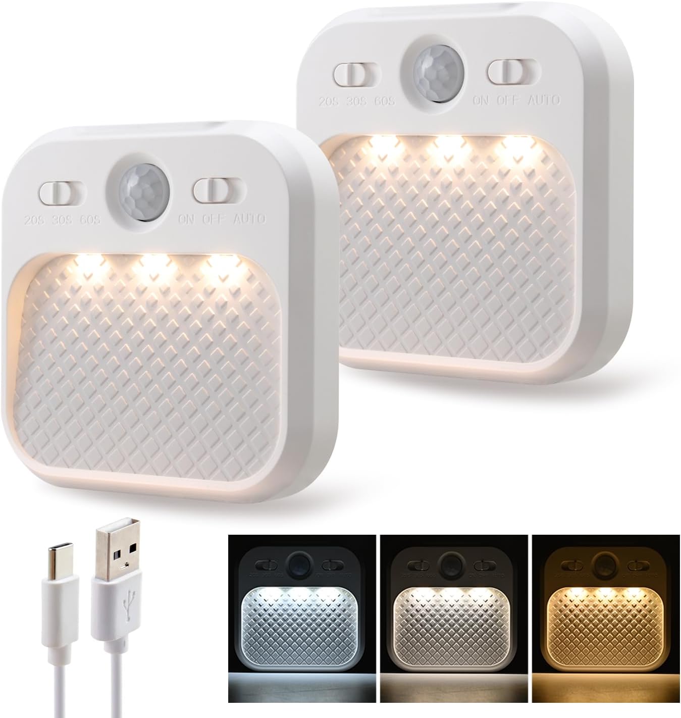 Lampki nocne LED z czujnikami ruchu, zestaw 2 sztuk, przyciemniane oświetlenie szafy i korytarza z funkcją timera.