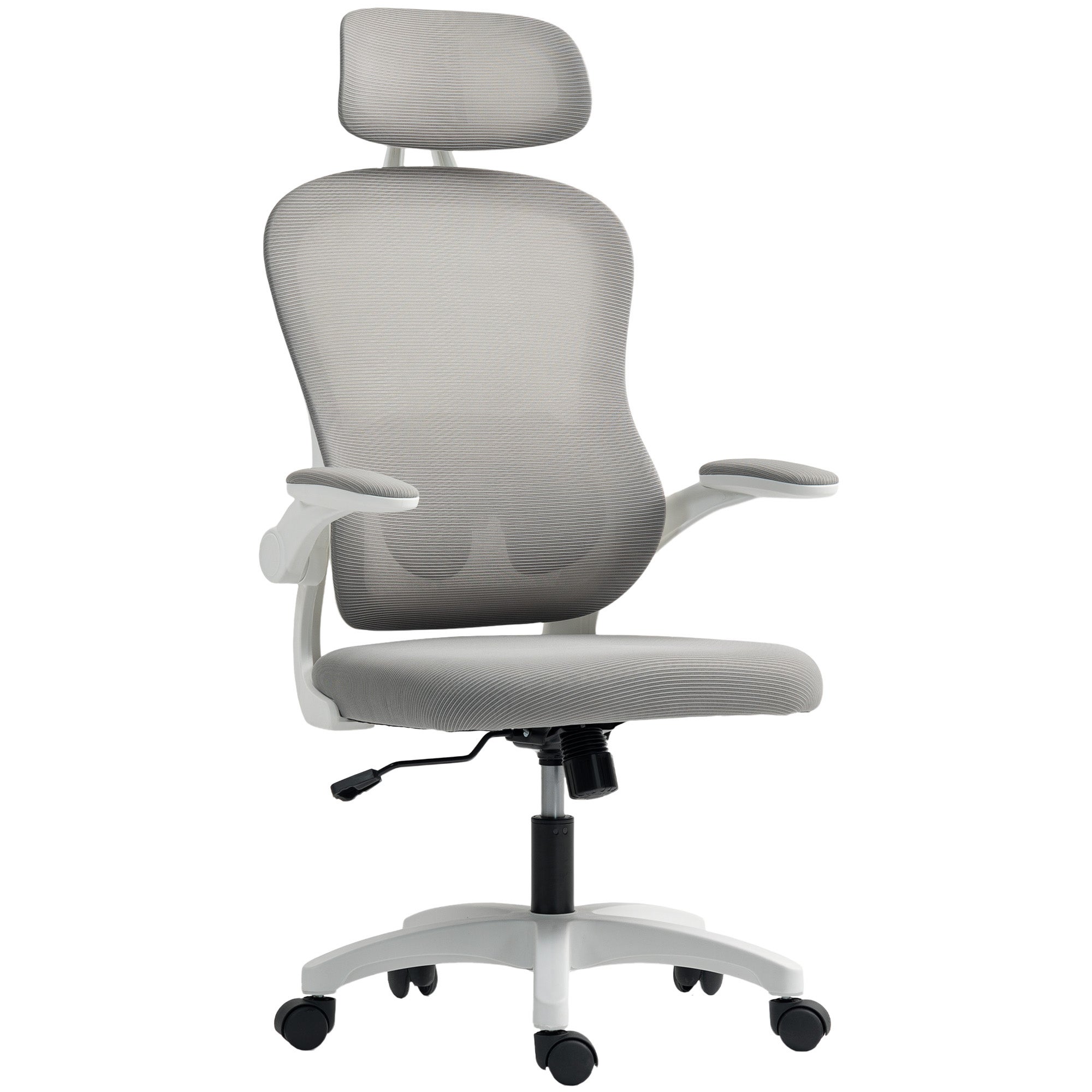 Ergonomiczny fotel biurowy, siatkowy fotel biurowy ze składanymi podłokietnikami, regulowana wysokość, 64 x 62 x 115 cm, szary