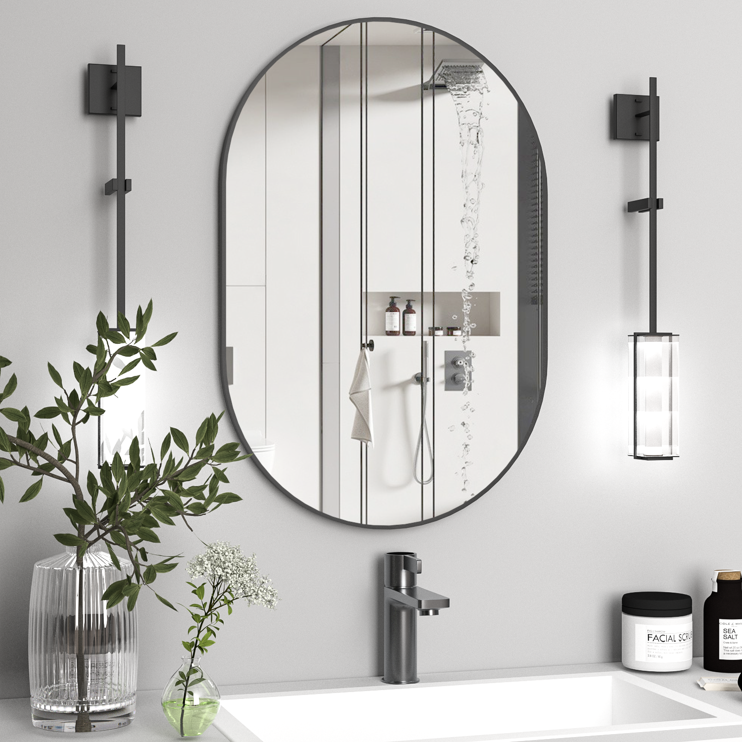 ELEMANGO Miroir de salle de bain mural owalny 90 x 60 cm, wielki miroir w kapsule, noir