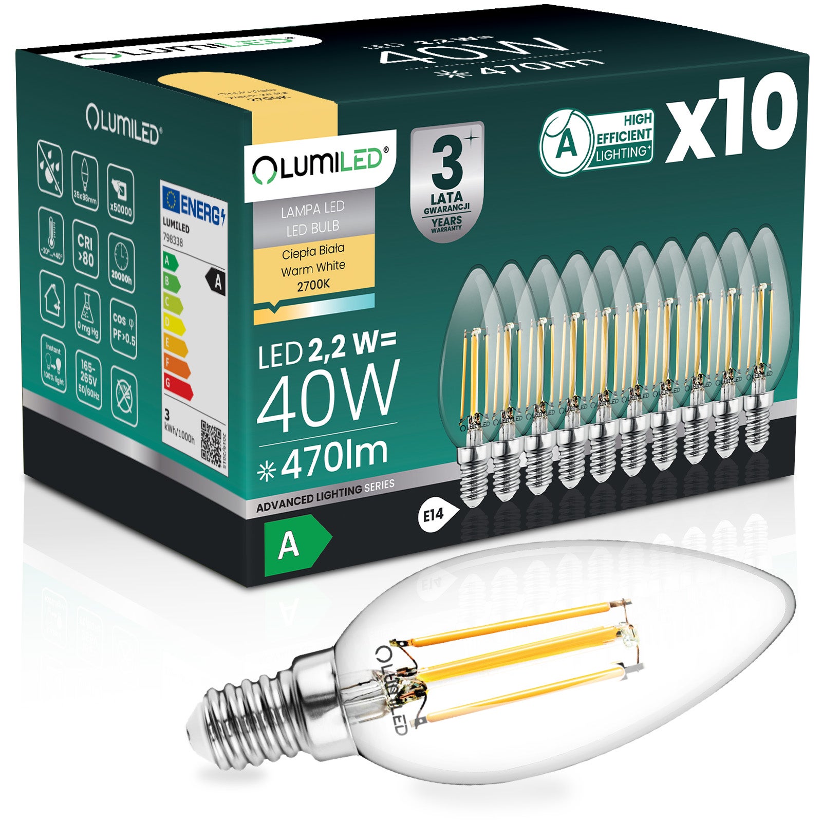 Żarówka LED Lumiled E14 Świeczka B35 2.2W 470lm 2700K Ciepła biel 360st Filament KLASA A 10 szt.