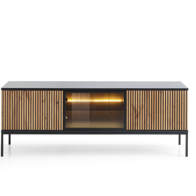 Nowoczesna szafka pod telewizor z frezowanym frontem 154×56×39 cm, w kolorze Czarny / Dąb Wotan