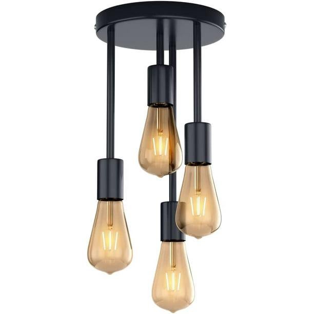 Lampa Sufitowa Vintage, Lampa Industrialna Retro z Metalu E27 LED Czarna Kinkiet 4 Gniazda Wisząca Lampa do Jadalni Kuchnia Salon Bar Restauracja
