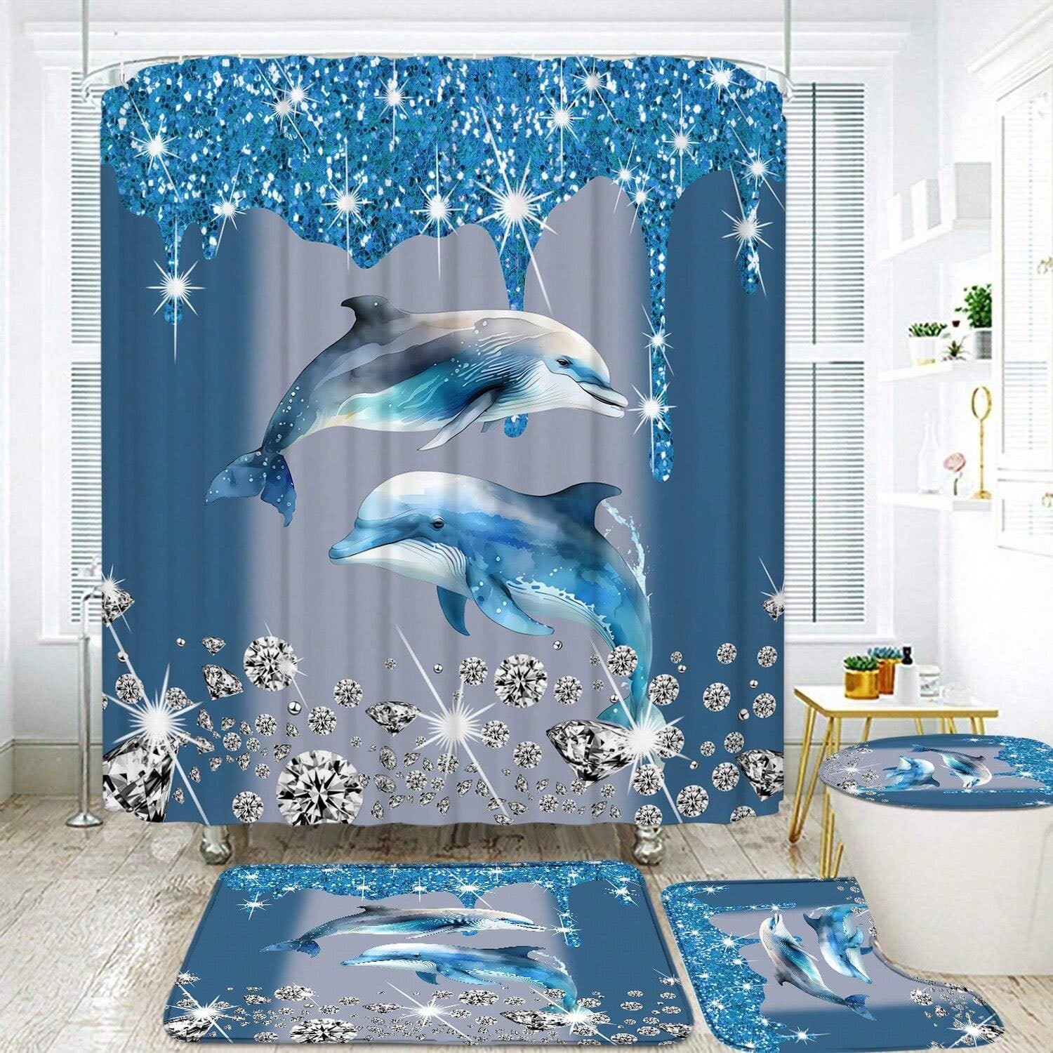 4-częściowy zestaw zasłon prysznicowych Diamond Dolphin z matą, deską sedesową i dywanikiem kąpielowym, 12 haczyków, można prać w pralce, 180*180cm