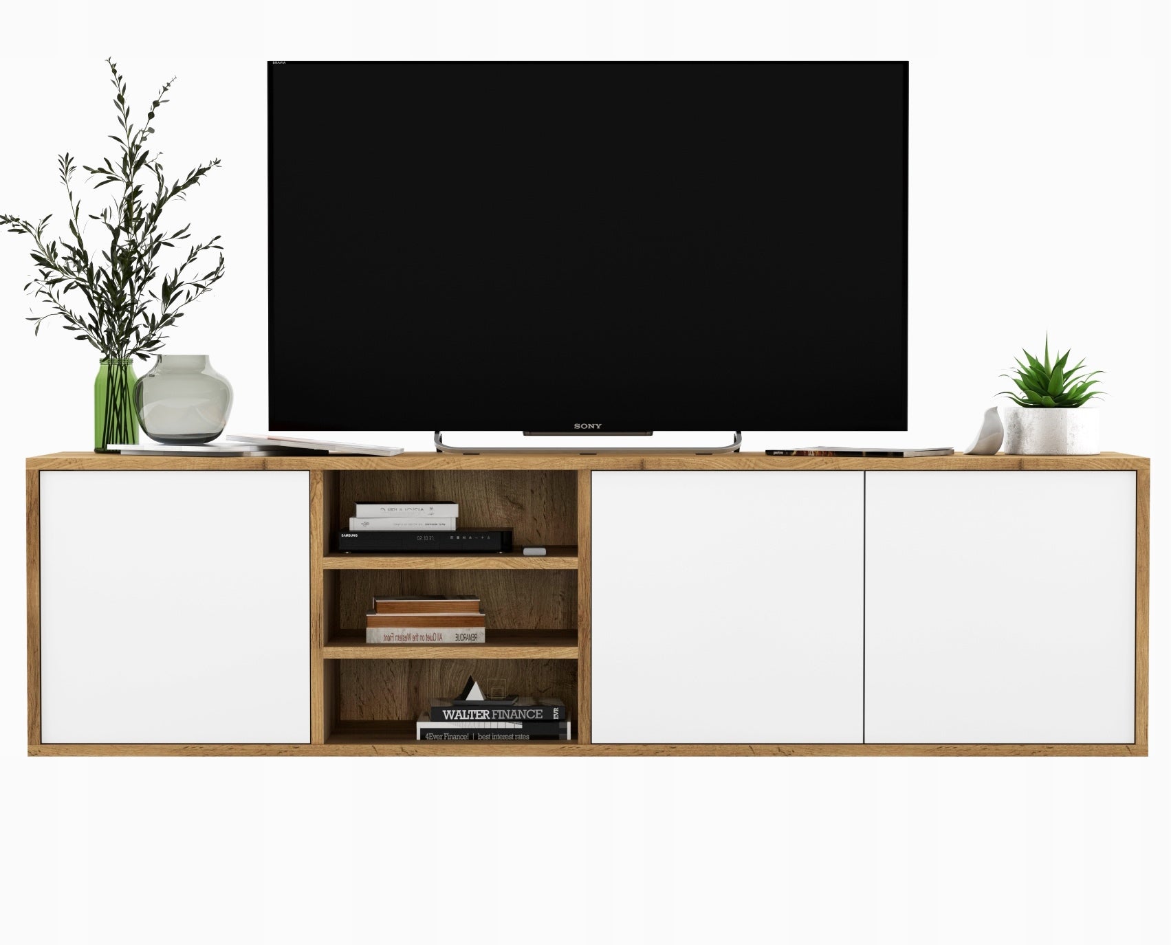 Wisząca szafka RTV 150 cm dąb wotan biały mat Loft, komoda pod telewizor do salonu