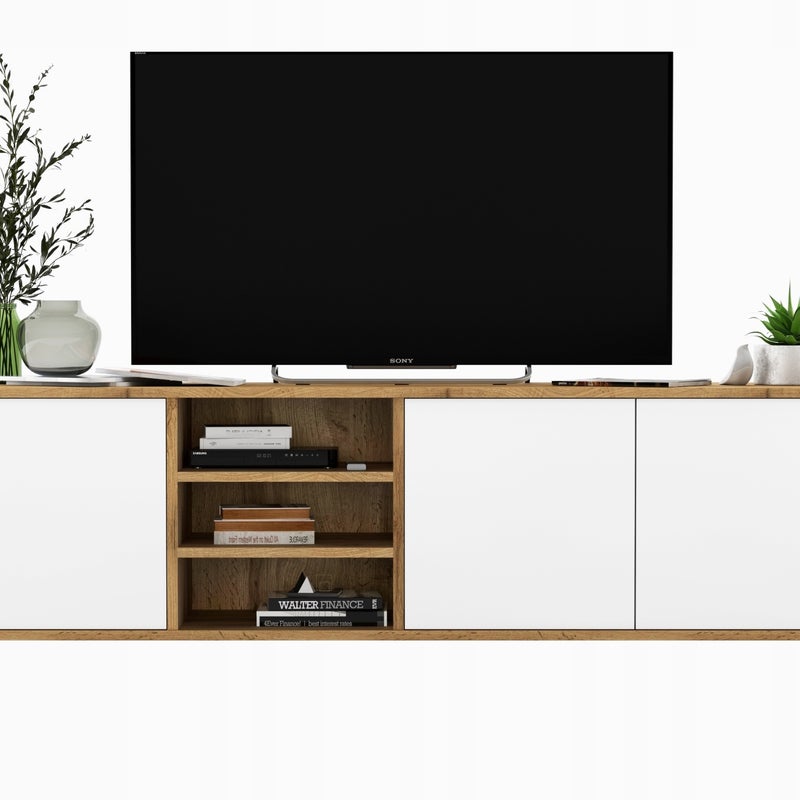 Wisząca szafka RTV 150 cm dąb wotan biały mat Loft, komoda pod telewizor do salonu