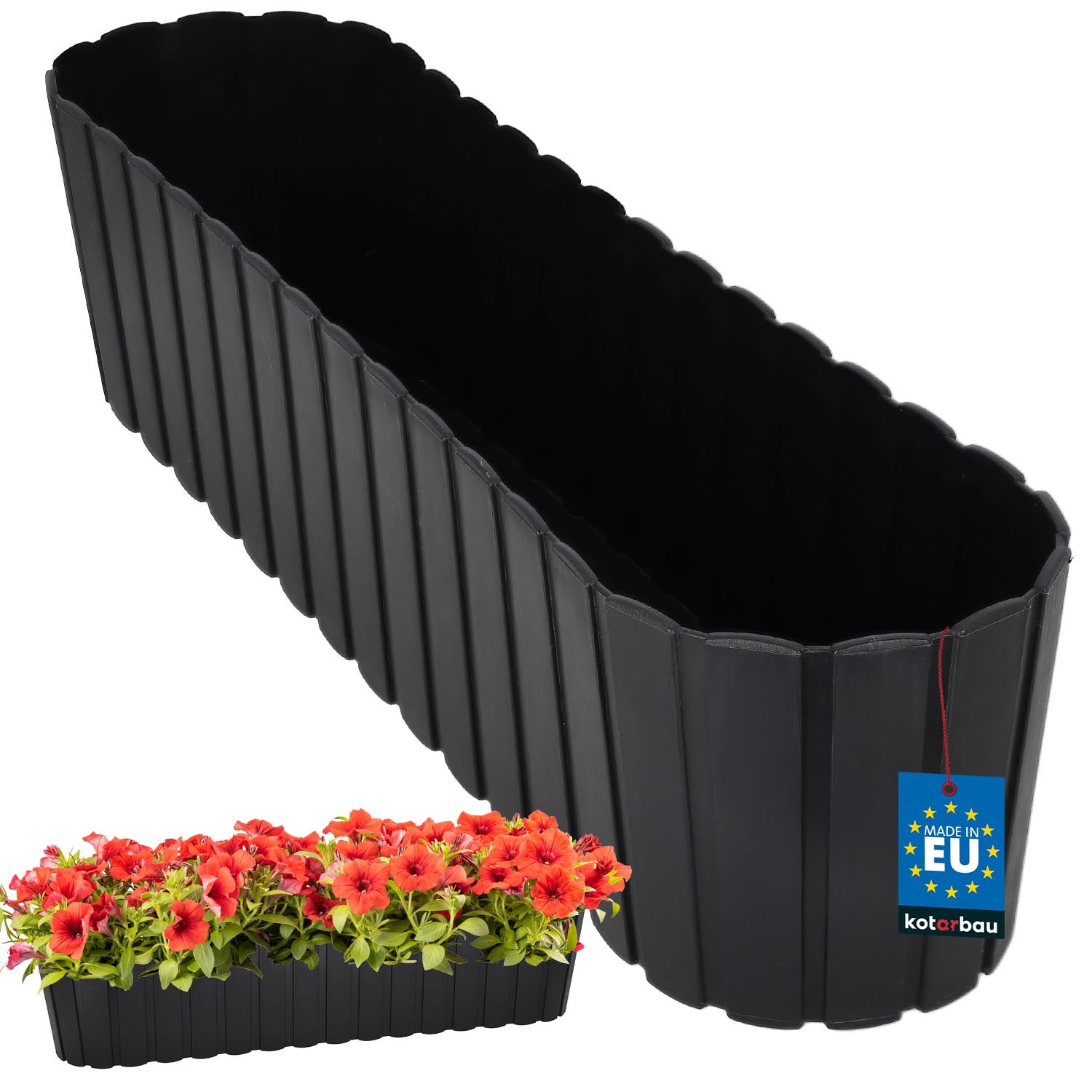 Doniczka Skrzynka Balkonowa - 60 x 14 x 13 cm - Skrzynia Plastikowa na Kwiatki - Donica Owalna na Balkon - Rustykalna - Antracyt KOTARBAU