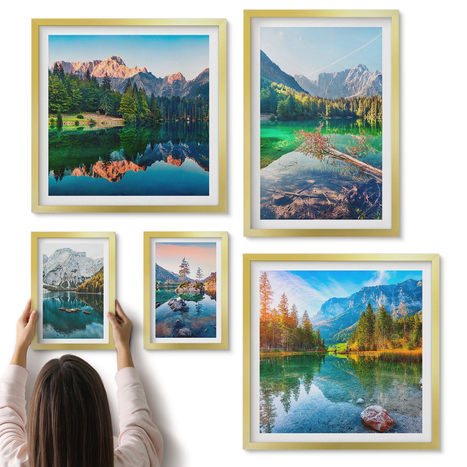 Galeria ścienna 5-częściowy komplet obrazów w złotych ramach - Krajobrazy górskie z jeziorami i zielonymi lasami - ArtPrintCave