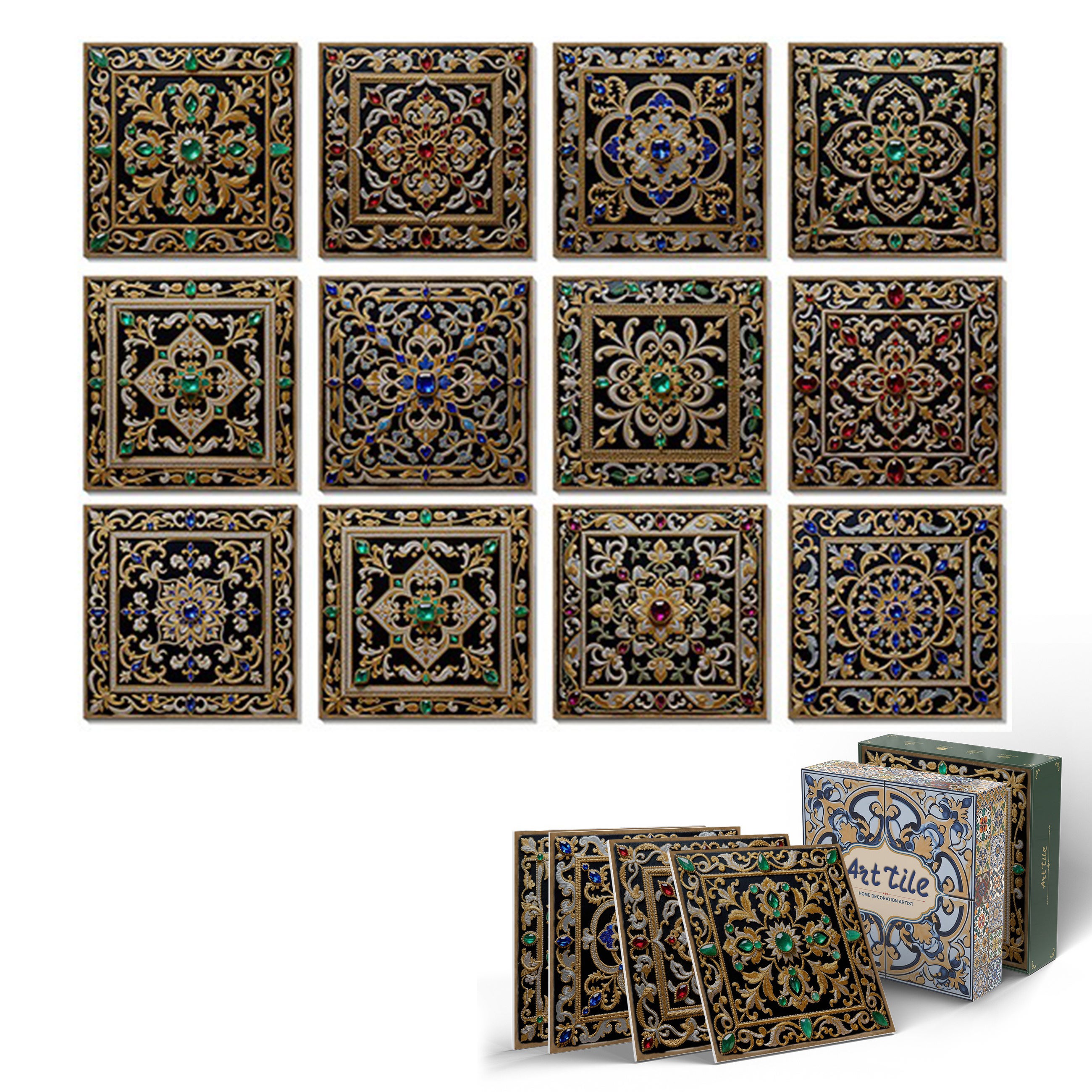 12 sztuk naklejek na kafelki ścienne 15×15 cm – Styl retro Śródziemnomorski i barokowy, wodoodporne naklejki z słońcem i księżycem(G)