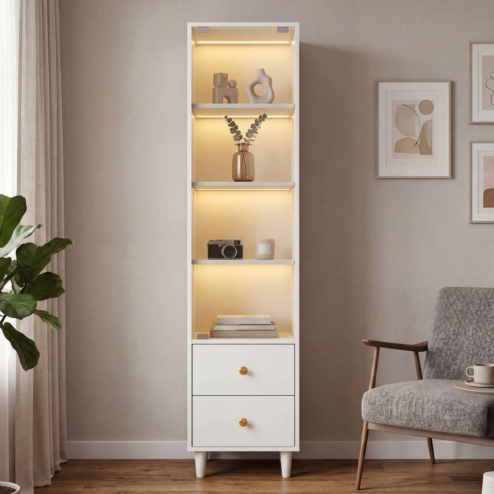 Wysoka witryna z oświetleniem LED – nowoczesna biblioteczka ze szklanymi drzwiami, 2 szufladami, styl retro – 165×40×35 cm – do salonu lub biura