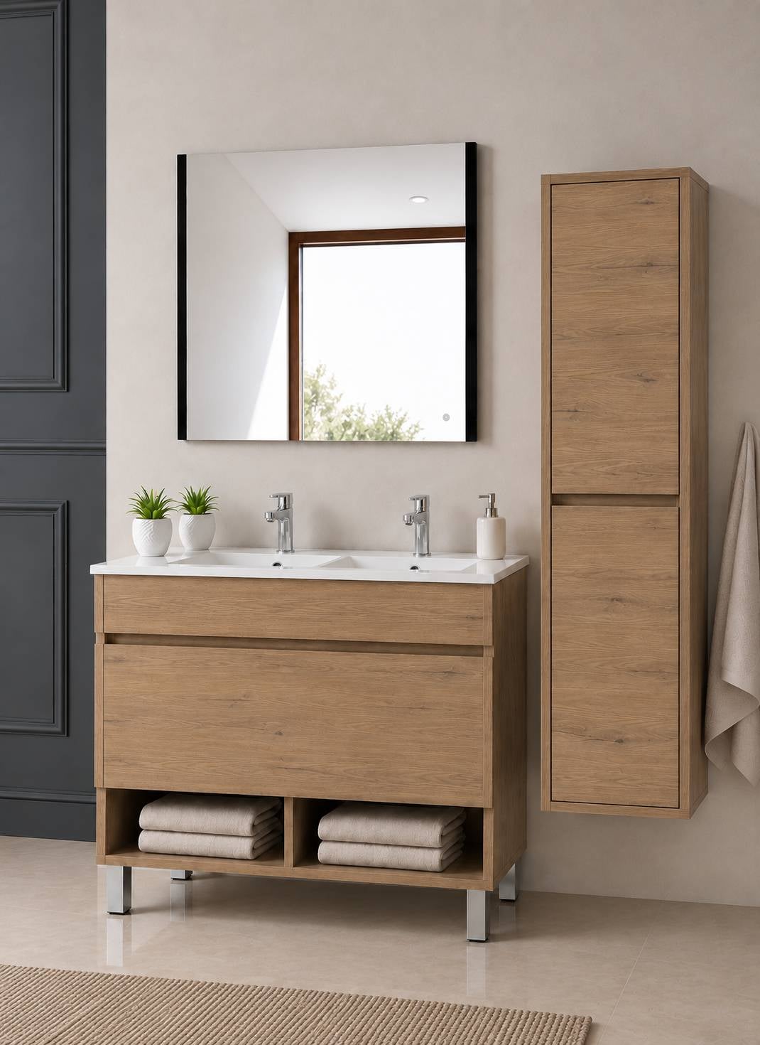 Szafka łazienkowa na nóżkach z umywalką ORIGENBATH NEBARI na nóżkach z szufladą z kolumną 120x45 cm podwójna umywalka estepa z kolumną