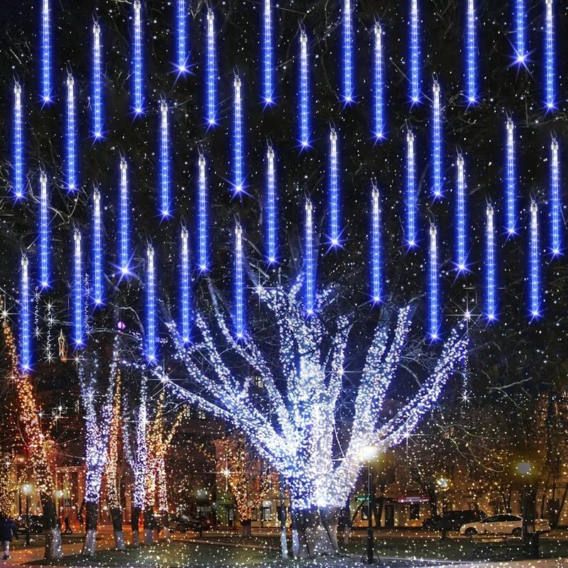 Zewnętrzne lampki świąteczne, 288 LED, deszcz meteorów, dekoracje świąteczne, girlandy świąteczne, niebieskie (8 tub - 50 cm)