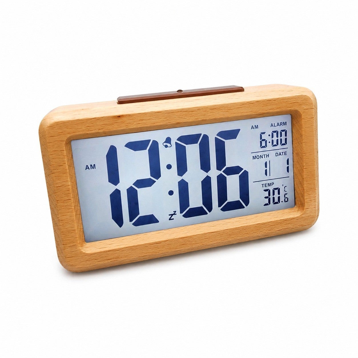 Drewniany budzik z termometrem, wyświetlacz LCD, drewno bukowe, zasilany bateriami, skorupa z prawdziwego bambusa z 1902 r.