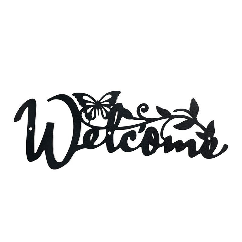 Metalowa dekoracja ścienna z motywem motyla i napisem „Welcome” – czarna, ażurowa ozdoba wisząca, 11 x 30 cm