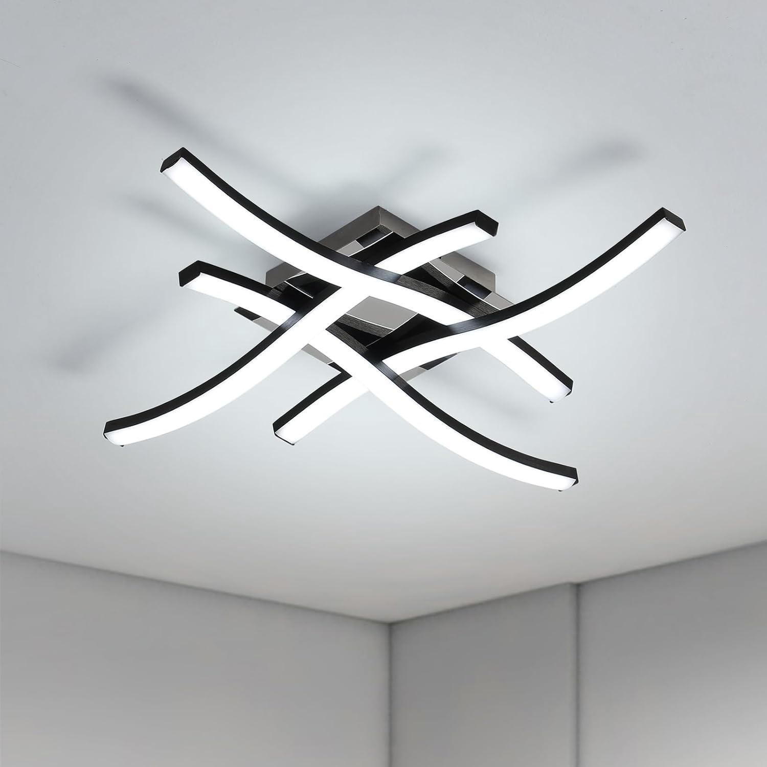 Lampa sufitowa LED, 24 W, nowoczesna lampa sufitowa LED, 6500 K, chłodne białe światło, falista lampa sufitowa z 4 czarnymi świetlówkami