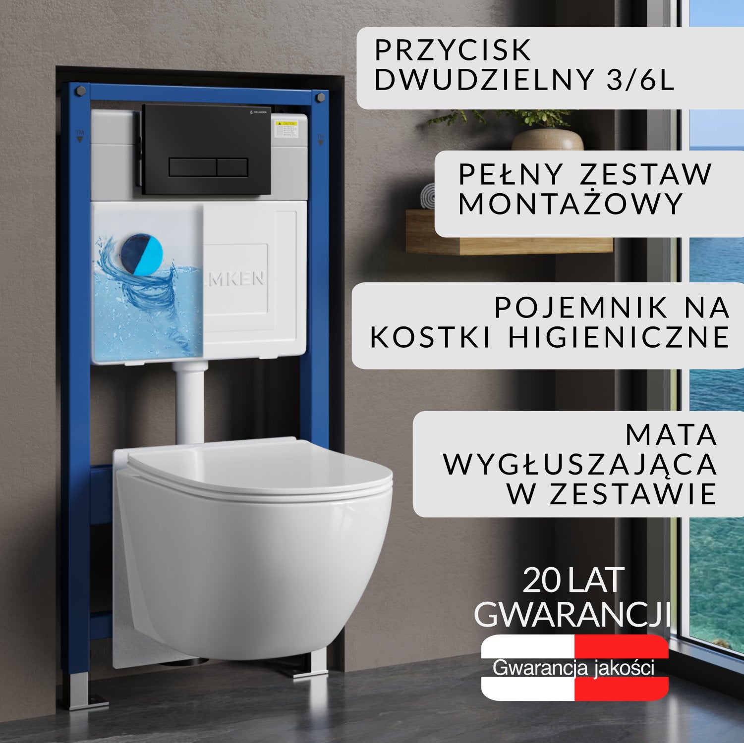 Zestaw podtynkowy WC Helmken 6w1: Stelaż, Czarny Mat (HD) Przycisk, Miska bezkołnierzowa 35103001, Deska wolnoopadająca, Pojemnik na kostki, Mata