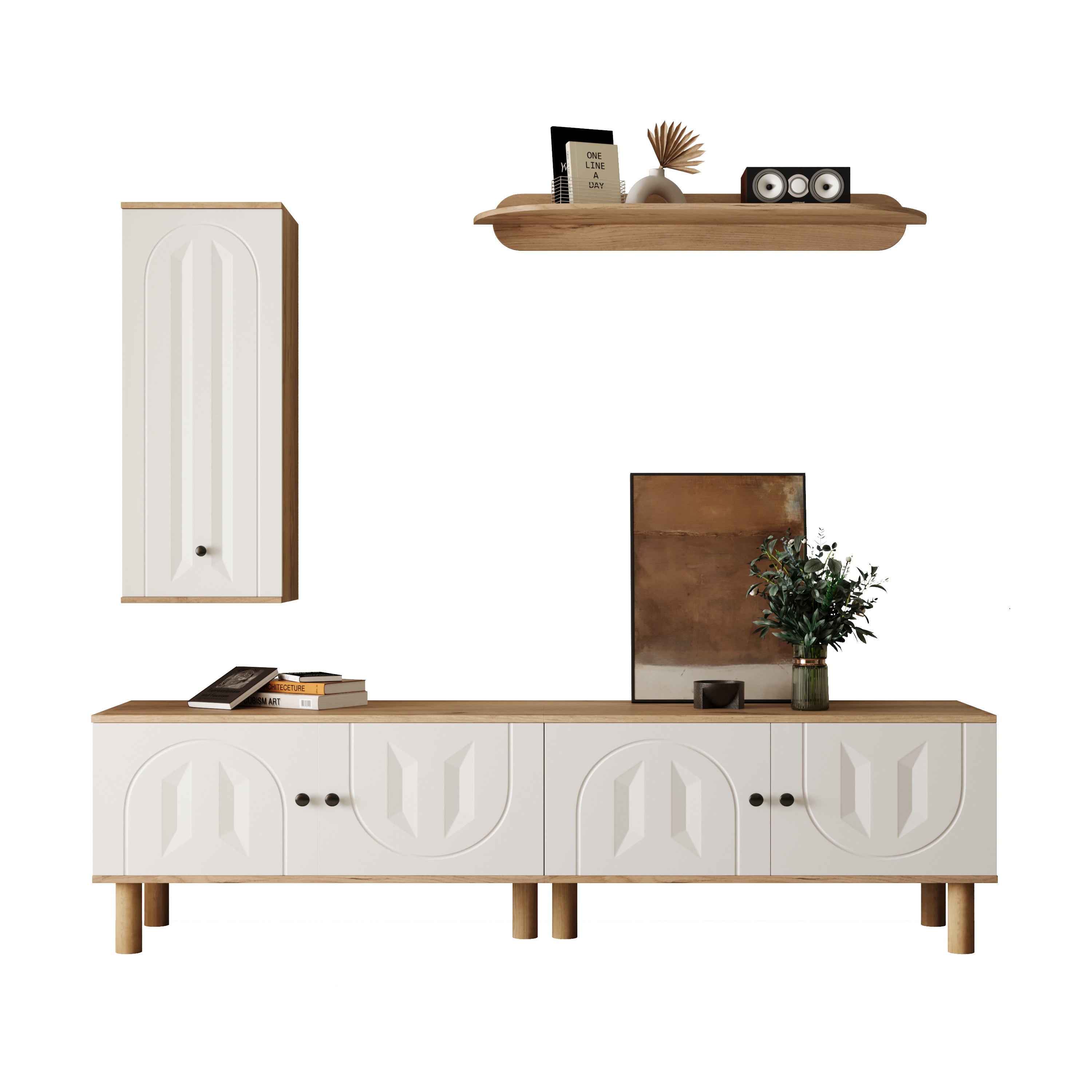 Wand szafkowy 3-elementowy - Highboard, Schränke, Wandboard - biały i drewniany - wykończenie rzeźbione