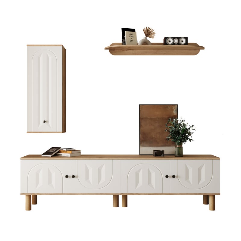 Wand szafkowy 3-elementowy - Highboard, Schränke, Wandboard - biały i drewniany - wykończenie rzeźbione