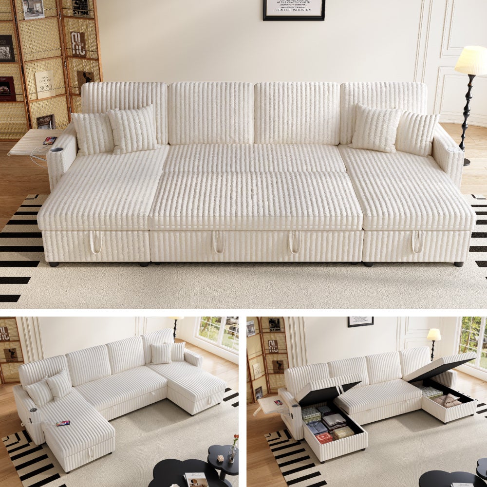 Modułowa sofa rozkładana w kształcie U 2 w 1 z podwójnym schowkiem, miękką tkaniną, rozkładana sofa z wbudowanym miejscem do przechowywania