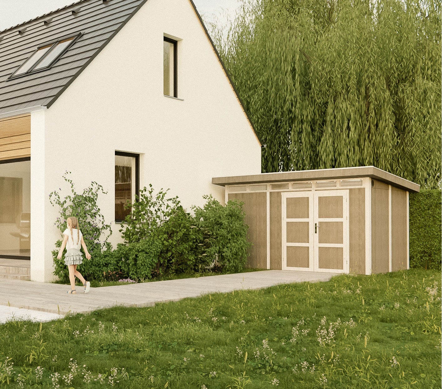 Domek ogrodowy z drewna z płyt LP SmartSide 9 m² - z podłogą i płytkami bitumicznymi Dł. 412 x Szer. 279 x Wys. 237 cm - Timbela M904A - brąz terra