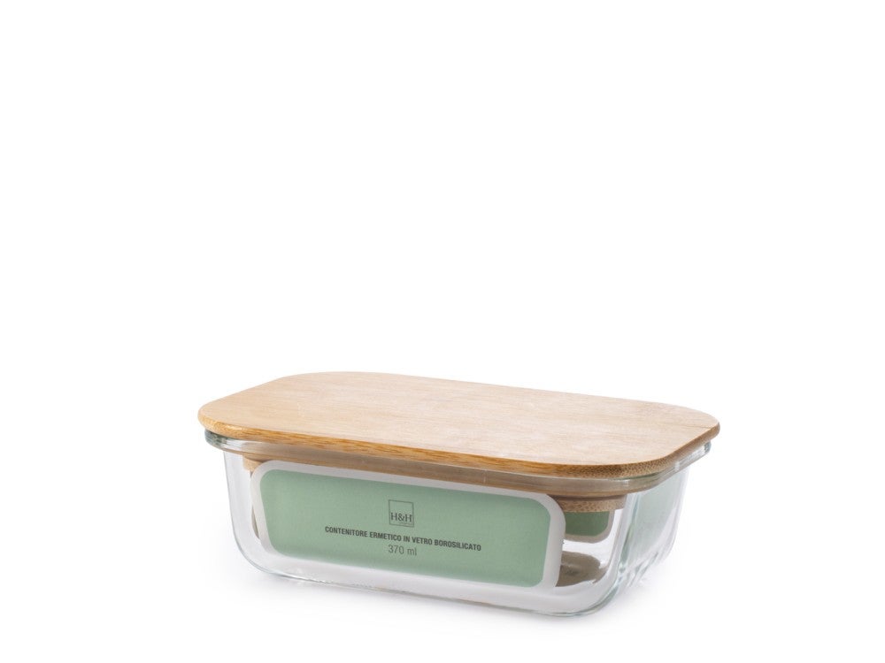 Recipiente de vidro H&H com tampa e junta de silicone, retangular, 15 x 11 cm, 370 ml.