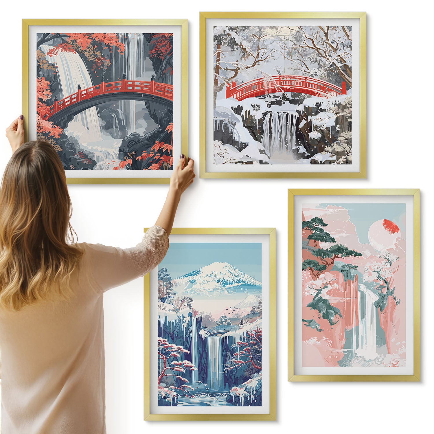 Galeria ścienna 4-częściowy komplet obrazów w złotych ramach - Wodospady góry z mostem i kwitnącymi drzewami - ArtPrintCave