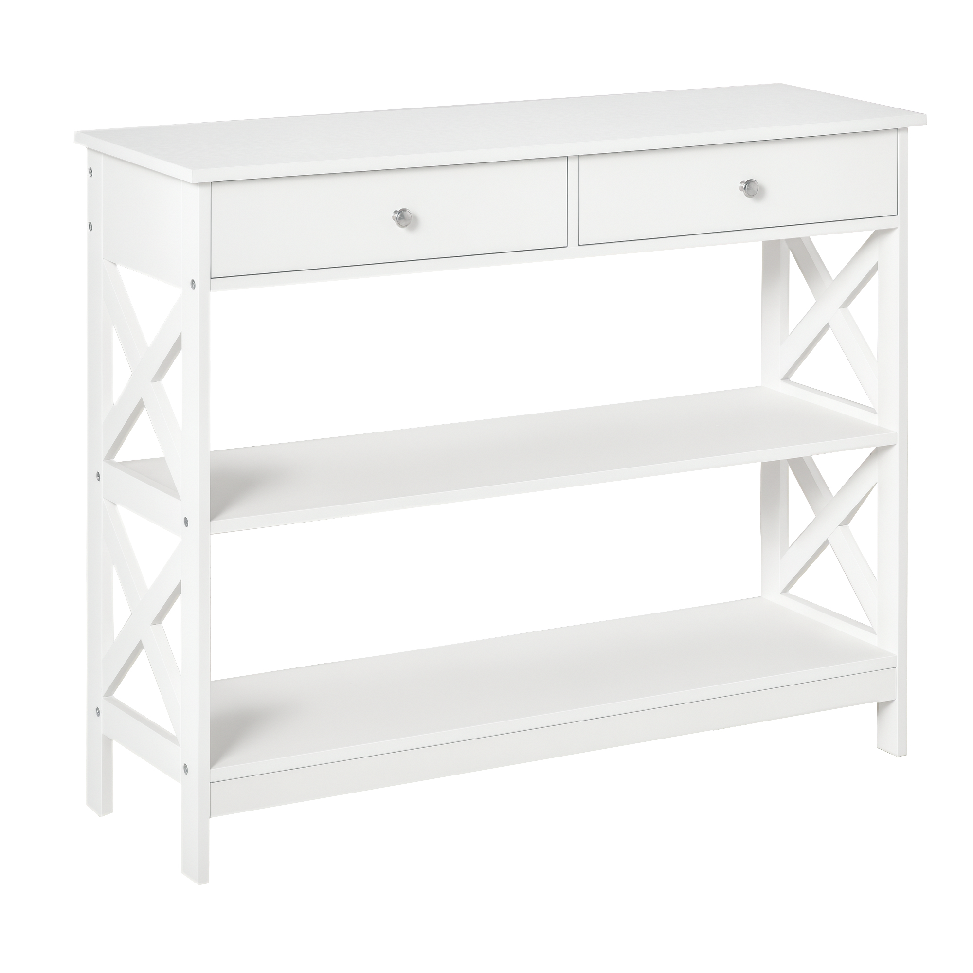 Stolik konsolowy z 2 szufladami i 2 półkami, do przedpokoju i salonu, wykonany z płyty MDF, 100 x 30,5 x 80 cm, biały