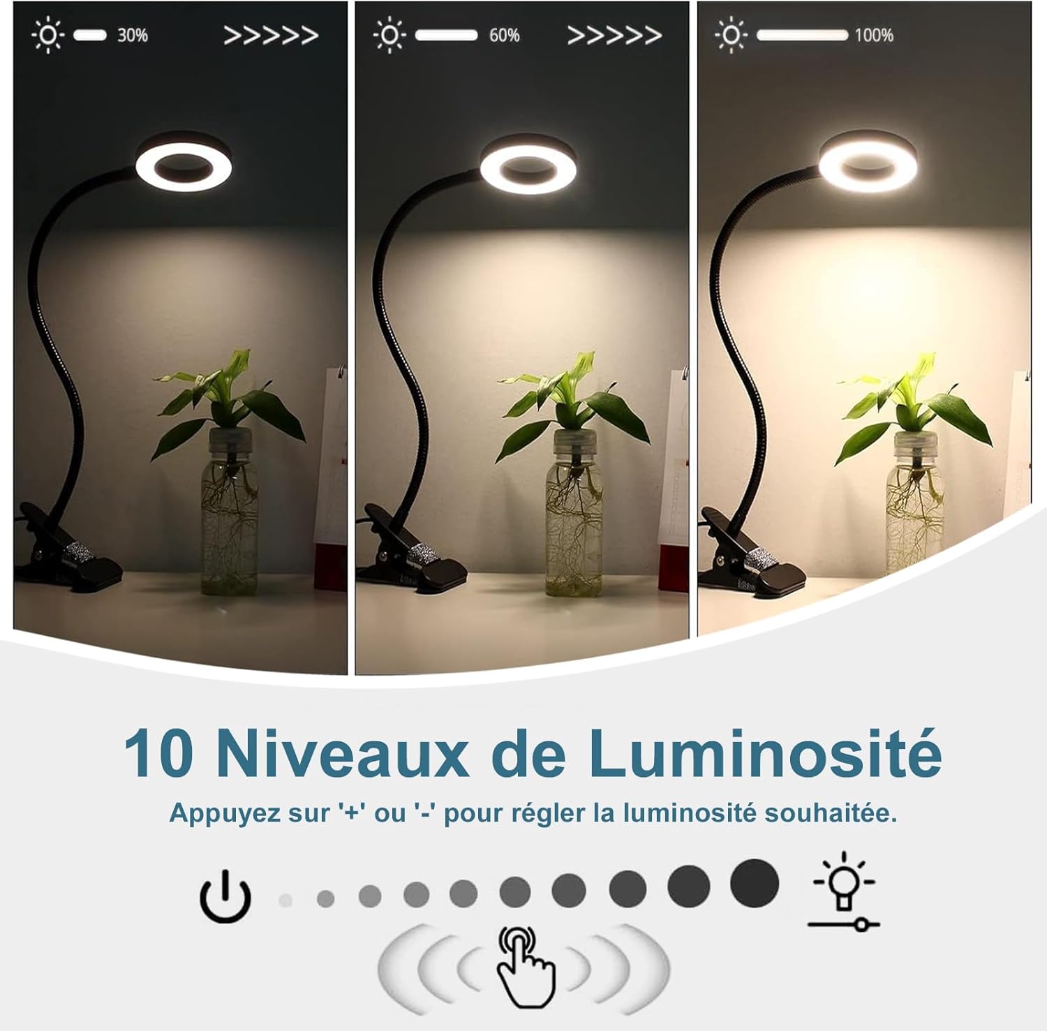 Lampa biurkowa z klipsem, 48 LED, elastyczna 360°, lampka do czytania z klipsem, 3 tryby oświetlenia i 10 poziomów jasności, LED USB do nauki i pracy