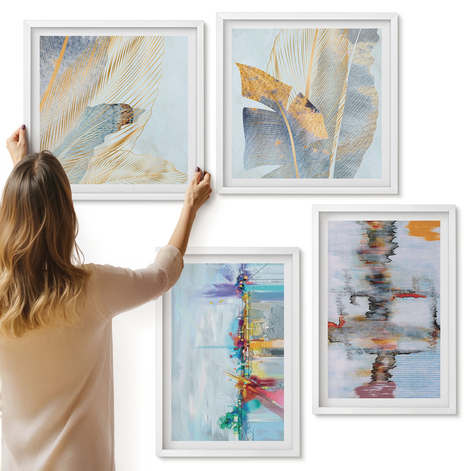 Galeria ścienna 4-częściowy komplet obrazów w białych ramach - Abstrakcyjne kompozycje styl malarski - ArtPrintCave