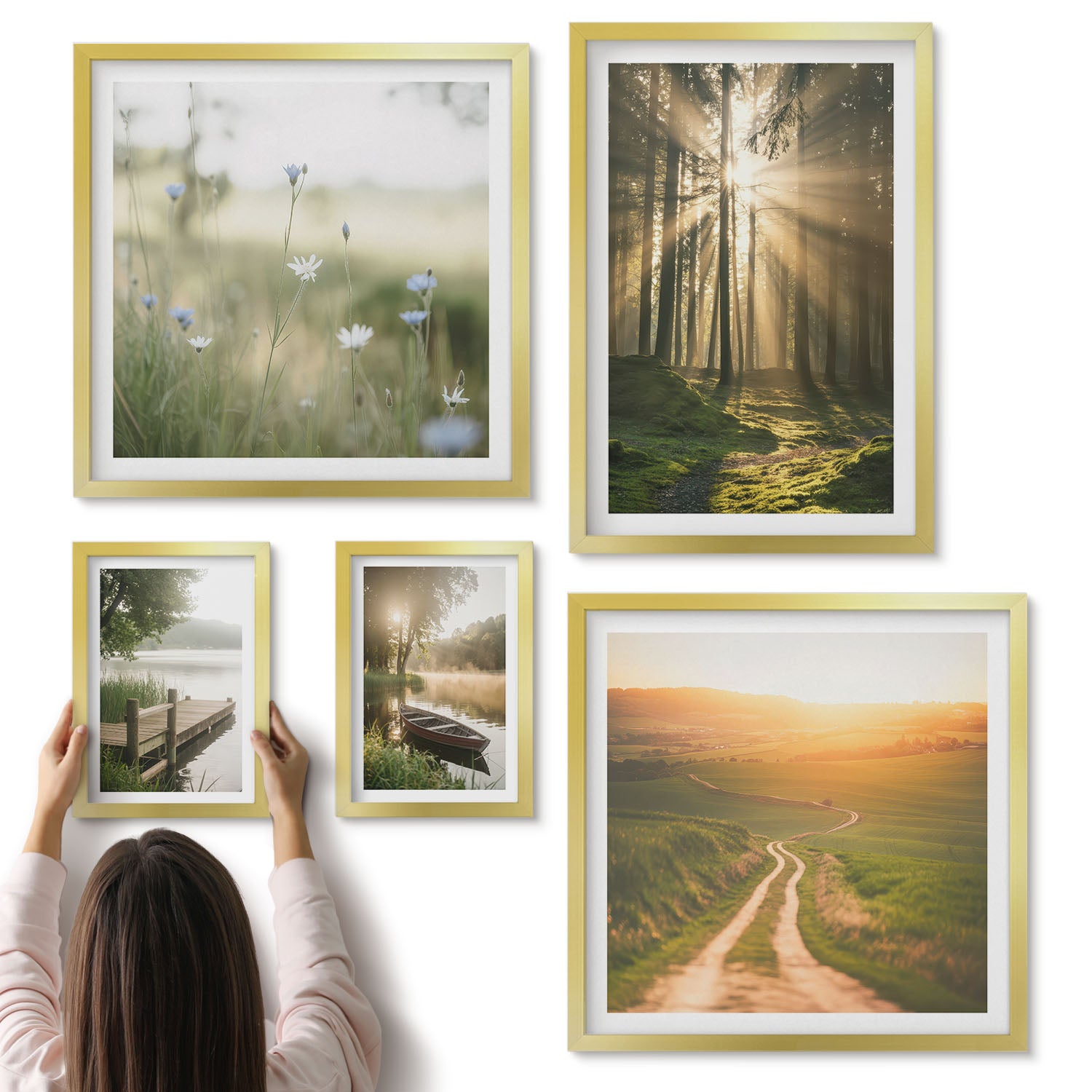 Galeria ścienna 5-częściowy komplet obrazów w złotych ramach - Leśne pejzaże z promieniami słońca i spokojnymi wodami - ArtPrintCave