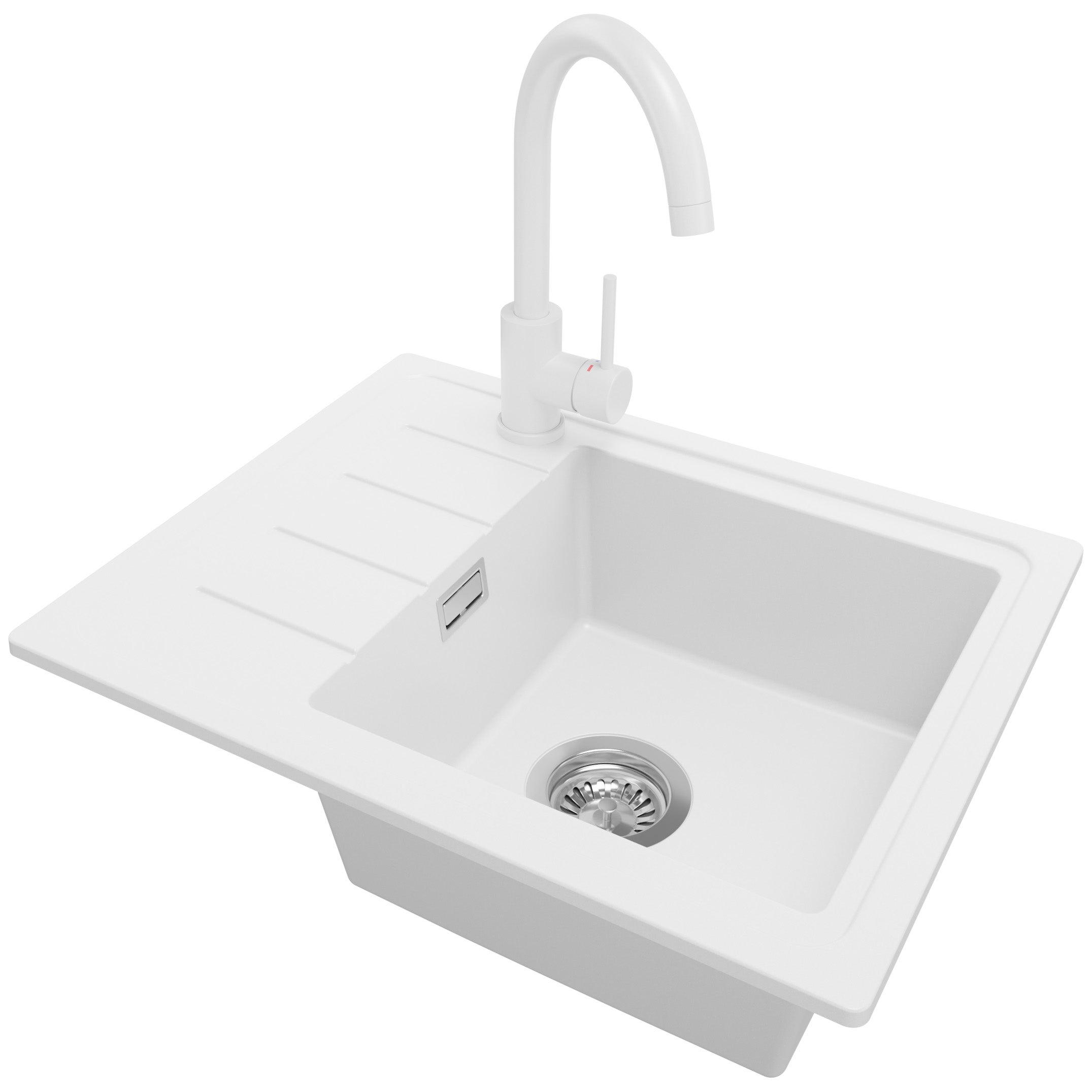 Zlewozmywak Granitowy Biały 55x44cm, Zlew Kuchenny 1 Komorowy + Bateria 32x20cm + Syfon, Nablatowy do szafki od 45cm - Kopenhaga Easy PRIMAGRAN
