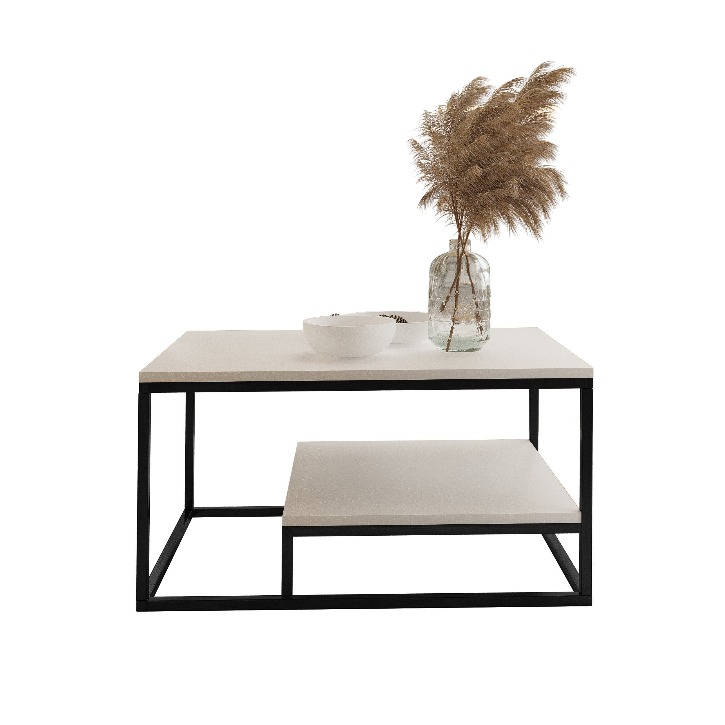 Stolik Kawowy BALANCE Biały Mat 90x60 cm Stylowa Ława Salonowa z Dodatkową Półką i Metalowymi Nogami