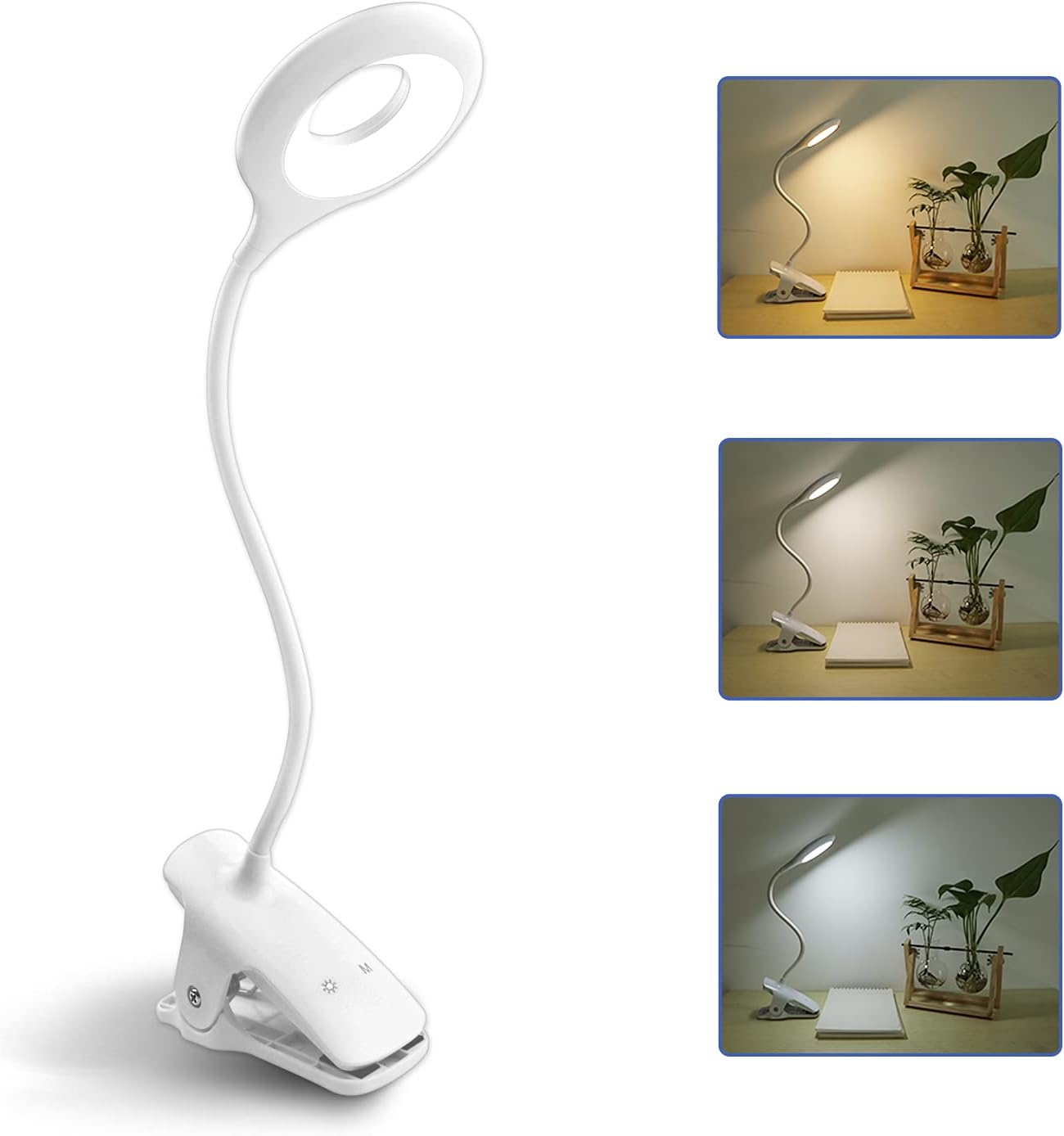 (3W akumulatorowa bezprzewodowa lampka biurkowa LED, 24 diody LED, dotykowa lampka nocna z klipsem, 3 kolory i 3 poziomy jasności, mała lampka do cz
