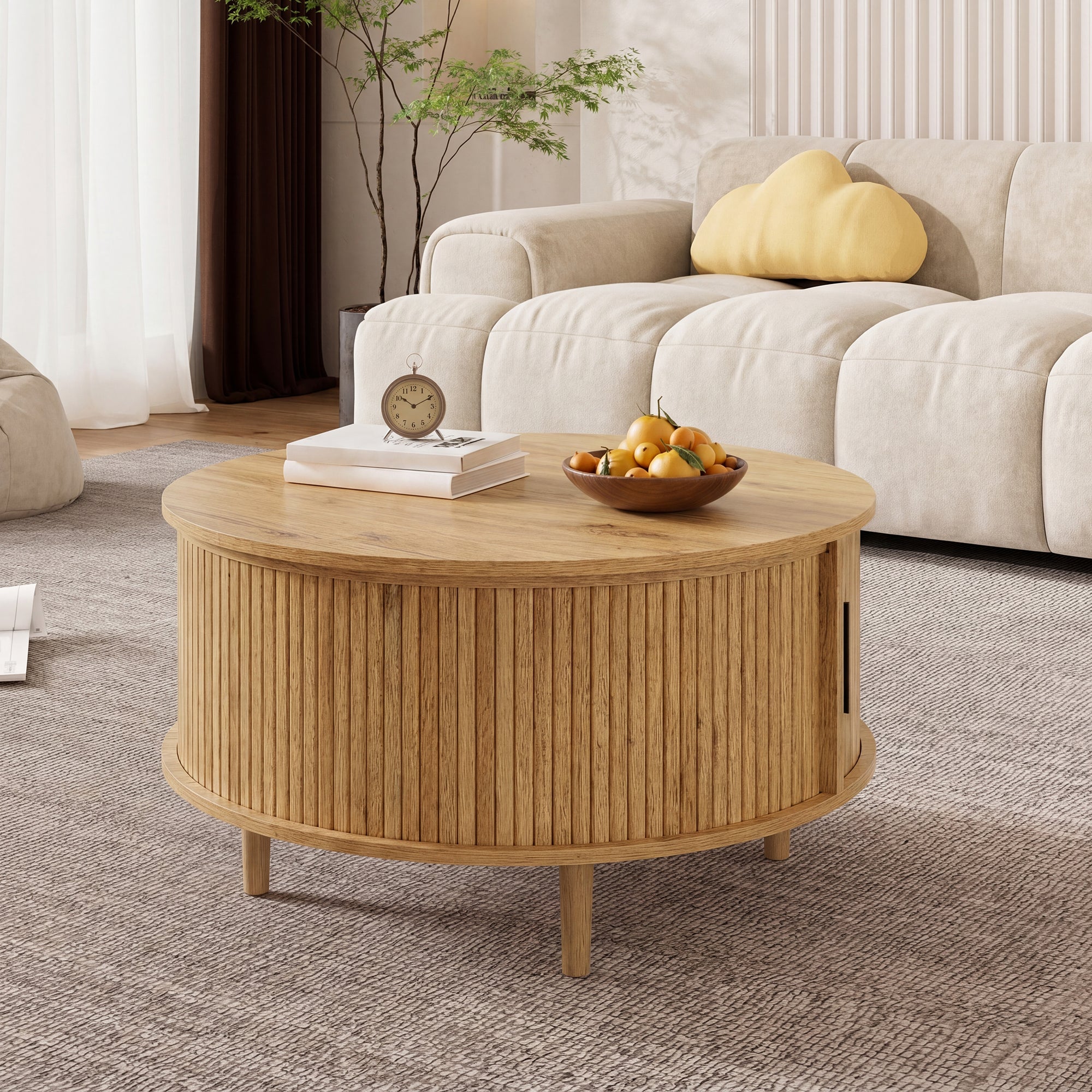 Okrągły stolik kawowy z podnoszonym blatem i 1 przesuwanymi drzwiami listwowymi - 80 x 80 x 59 cm - płyta MDF i nogi z litej sosny - dąb