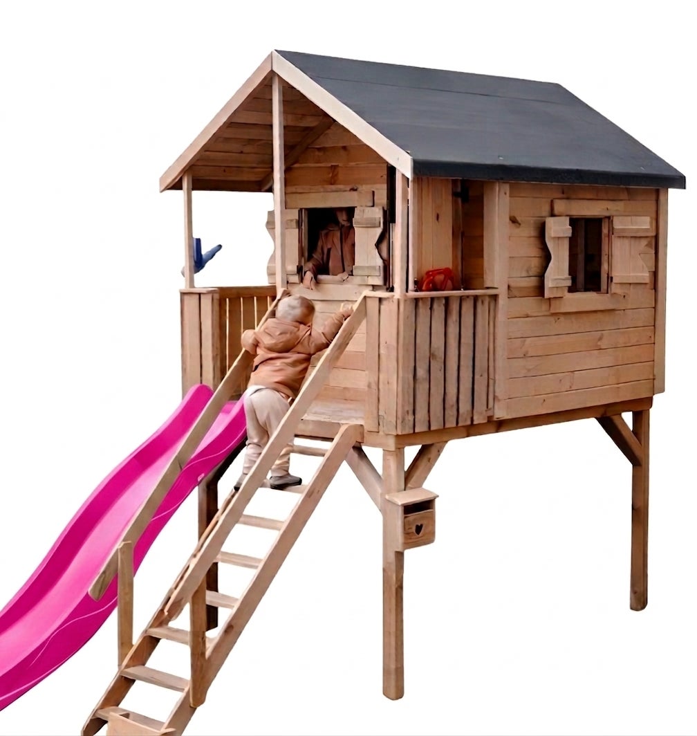 Drewniany domek dla dzieci Magiczny Domek ze różową zjeżdżalnią i podestem 120cm 1szt.