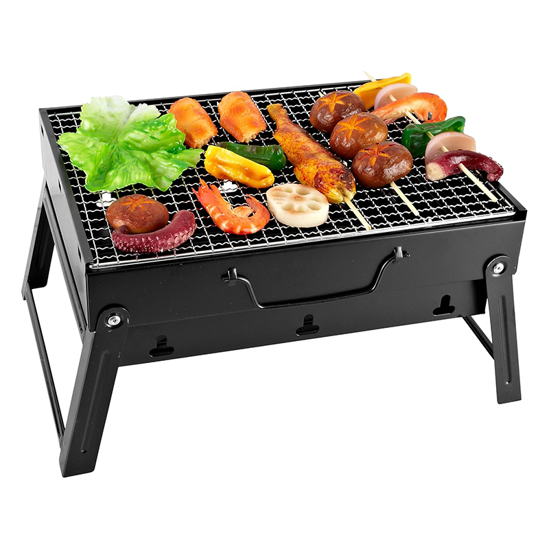 Miniaturowy, przenośny, składany grill węglowy, wymiary: 35 x 27 x 19,5 cm, idealny do ogrodu, na balkon, w podróż i na kemping – czarny