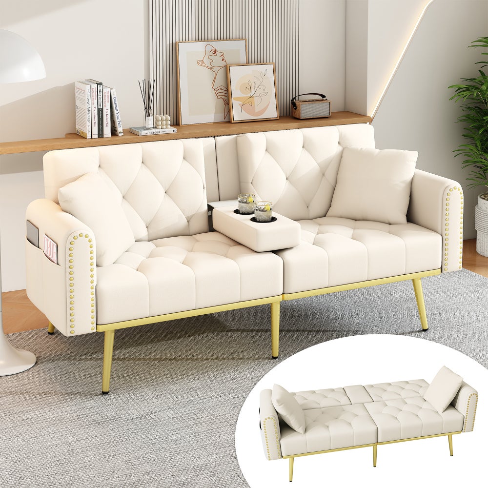 Sofa rozkładana, 3-stopniowa regulacja odchylenia, z uchwytem na kubek, beżowa