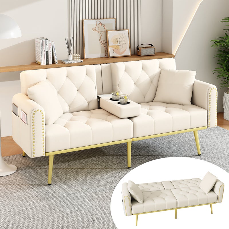 Sofa rozkładana, 3-stopniowa regulacja odchylenia, z uchwytem na kubek, beżowa