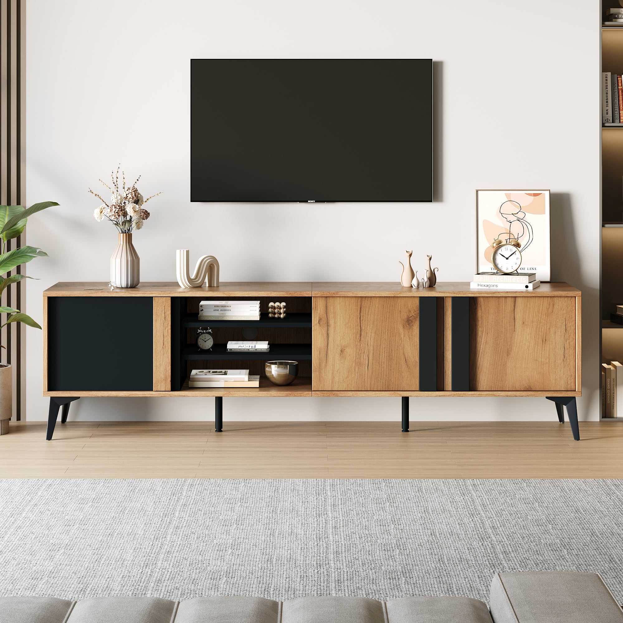 Stojak pod TV, 180 cm szerokości - z 3 drzwiami i 3 przegrodami - brązowy