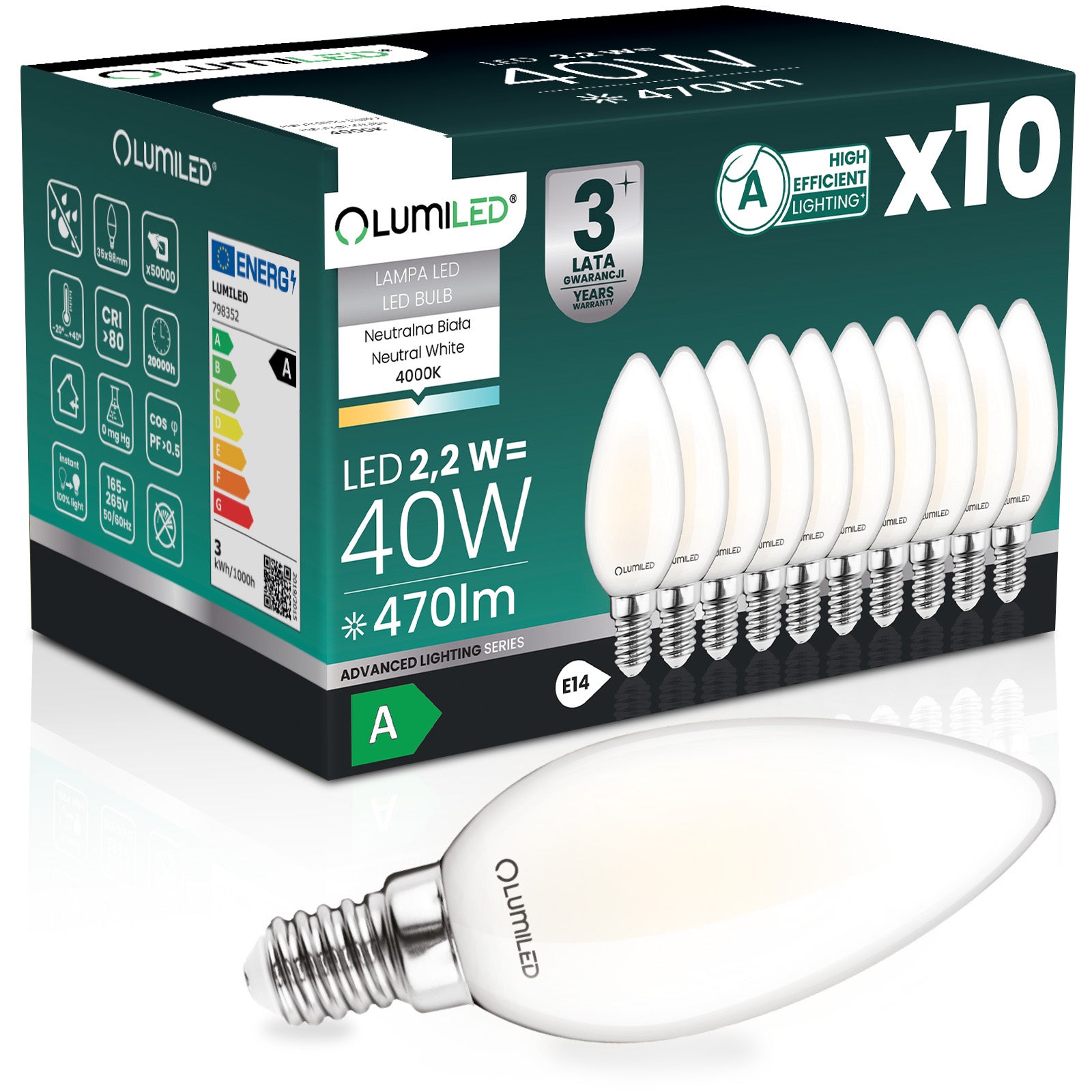 Żarówka LED Lumiled E14 Świeczka B35 2.2W 470lm 4000K Neutralna biel 360st Filament KLASA A 10 szt.