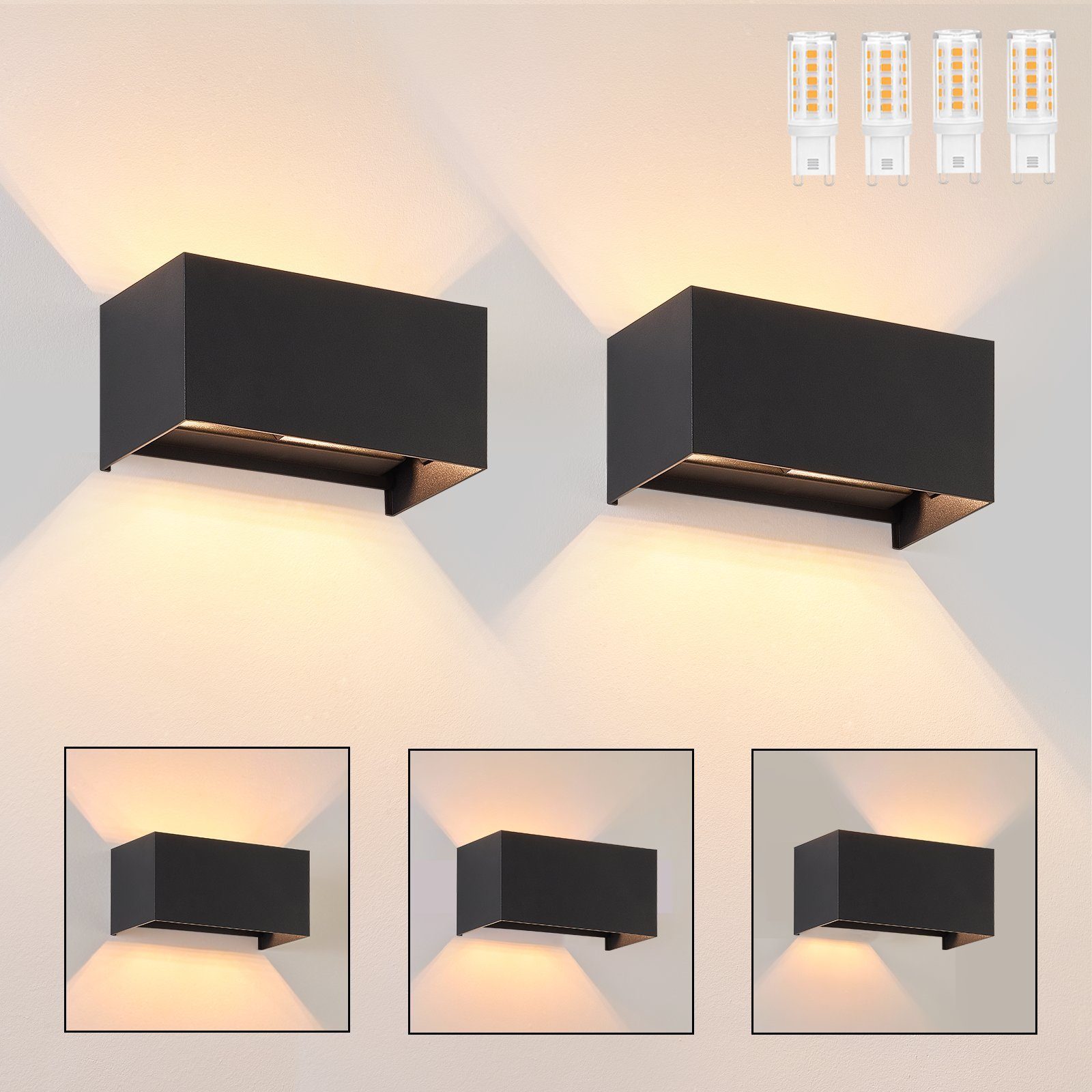 NETTLIFE 2 czarne kinkiety LED IP54, regulowane ciepłe białe światło G9, do salonu, ogrodu, tarasu