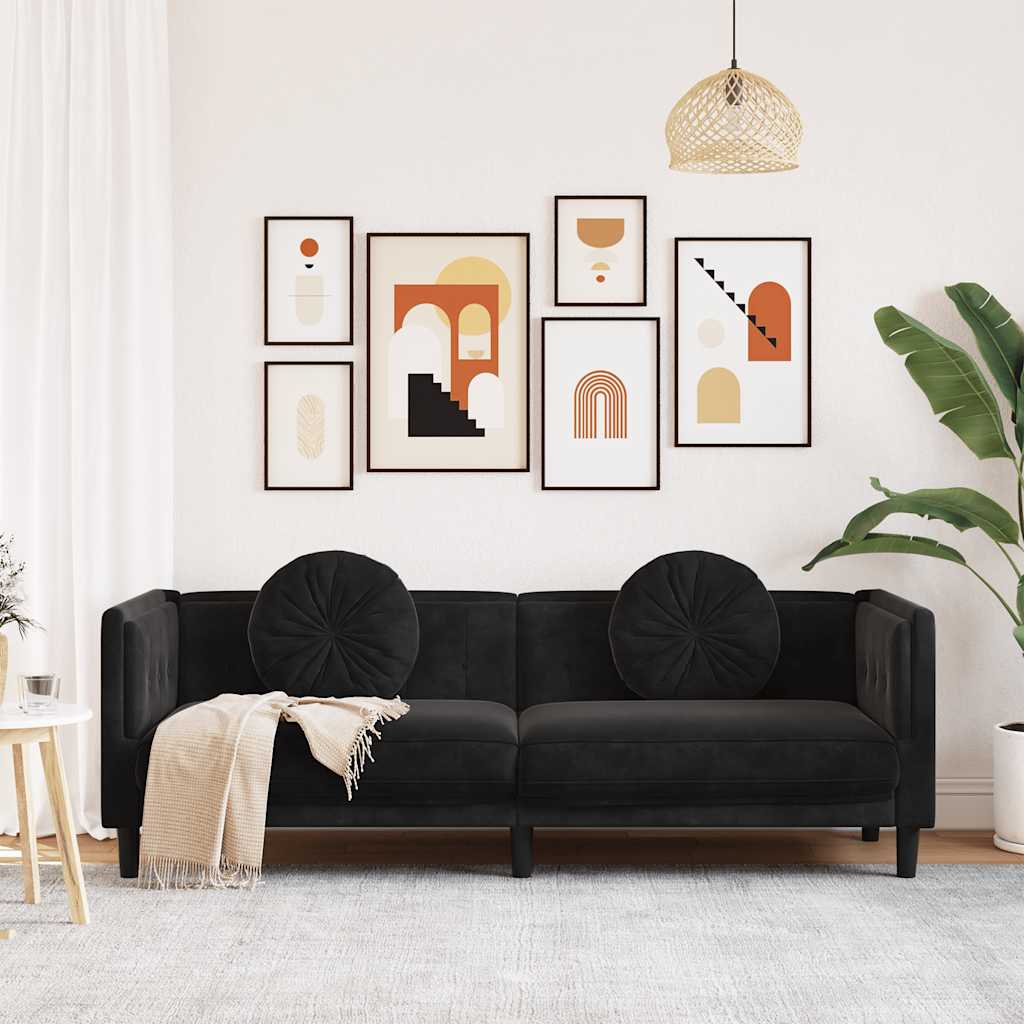 Sofa 3-osobowa z poduszkami, czarna, aksamit