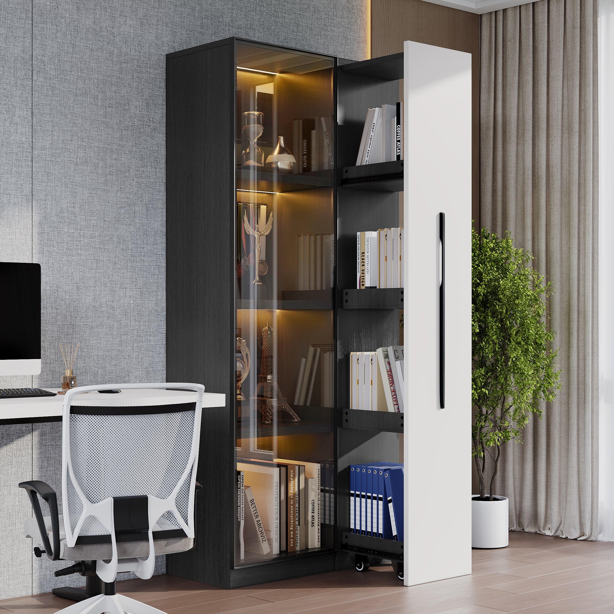 Witryna z 1 drzwiami szklanymi i 1 drzwiami przesuwnymi - 70 x 40 x 160 cm - MDF - 4 półki - diody LED - biały + czarny